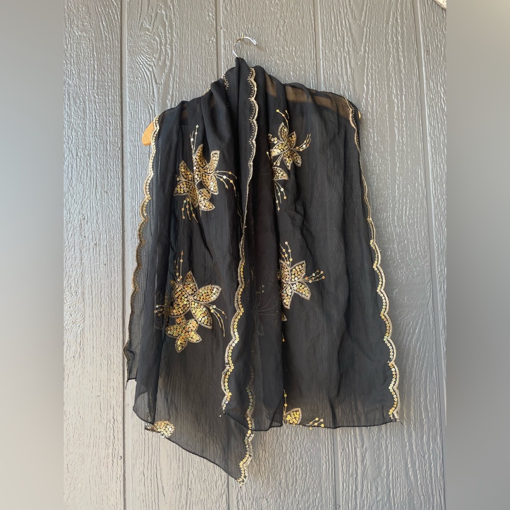 Black and Gold Floral Embroidered Scarf